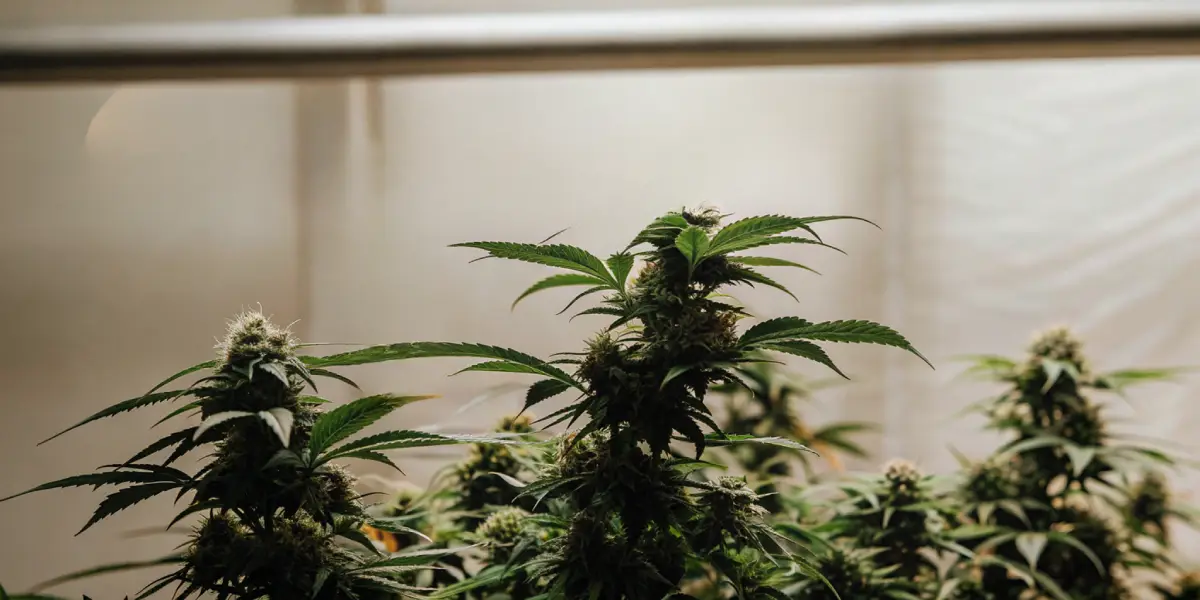 Hyper-realistic close-up of a thriving cannabis plant with dense buds under warm indoor grow lights.