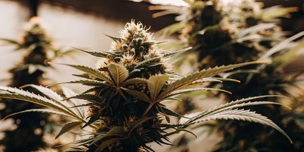 Indoor cannabis plant with green leaves and soft lighting highlighting the buds.