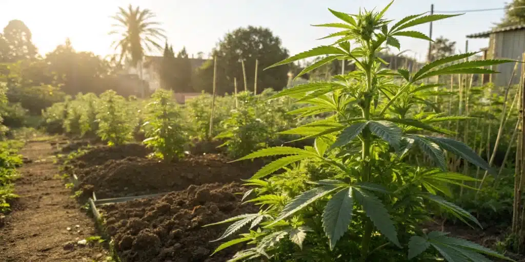 A sunny outdoor garden where Kabrales strain plants thrive in well-drained soil under natural light.