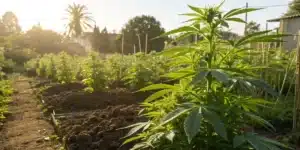 A sunny outdoor garden where Kabrales strain plants thrive in well-drained soil under natural light.