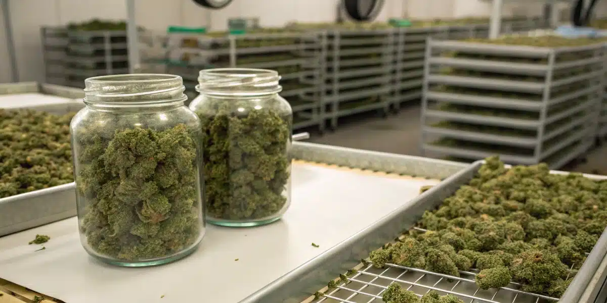 A picture of freshly harvested Kabrales buds on a trimming table alongside curing jars in a clean, organized environment.
