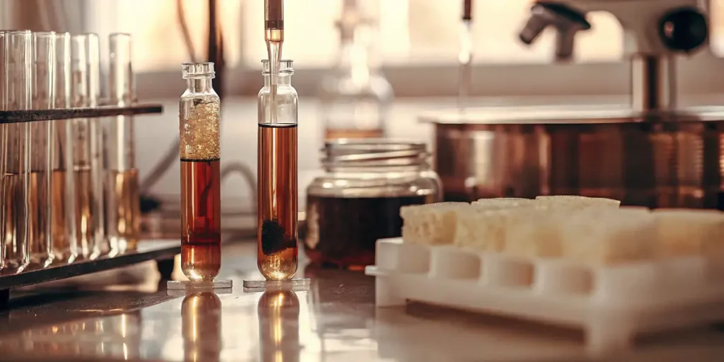 Hyper-realistic scene: lab test tubes with layered liquids, a dropper, and a jar of dark liquid on a reflective counter.