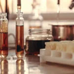 Hyper-realistic scene: lab test tubes with layered liquids, a dropper, and a jar of dark liquid on a reflective counter.