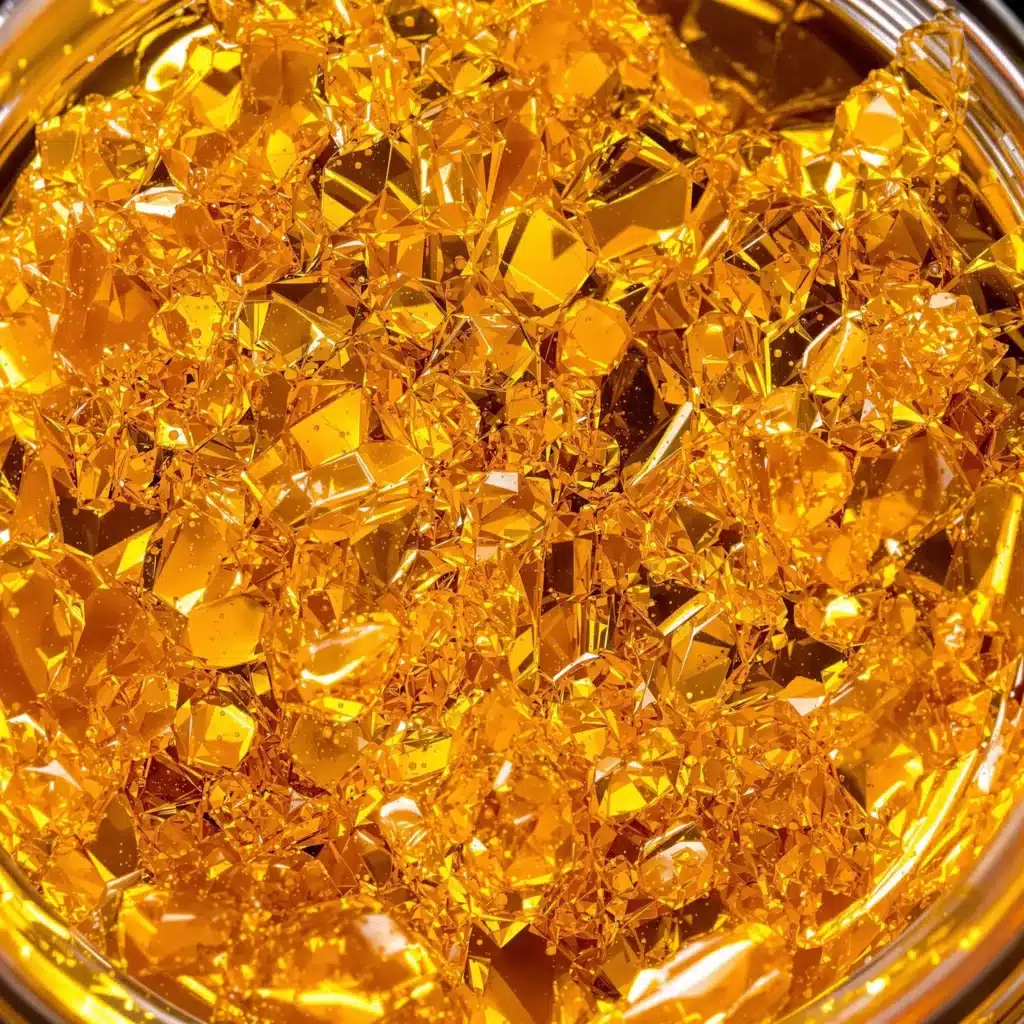 Close-up of golden live resin concentrate in a small dab container.
