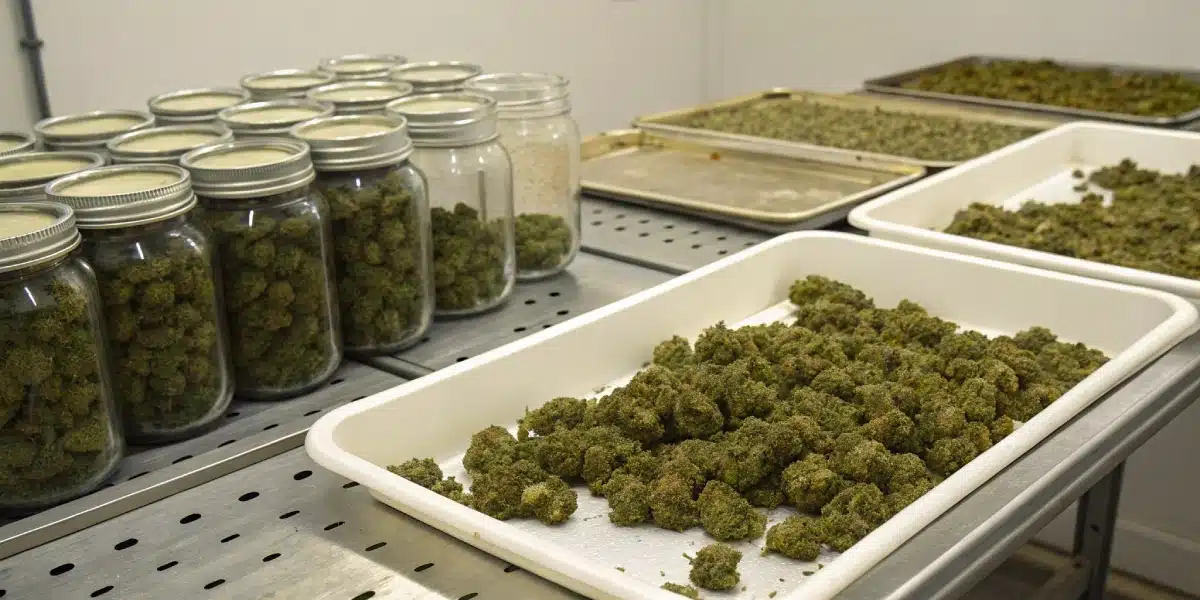 A staged image of the harvesting process for Narkosis, featuring trimmed buds, curing jars, and meticulous post-harvest handling.