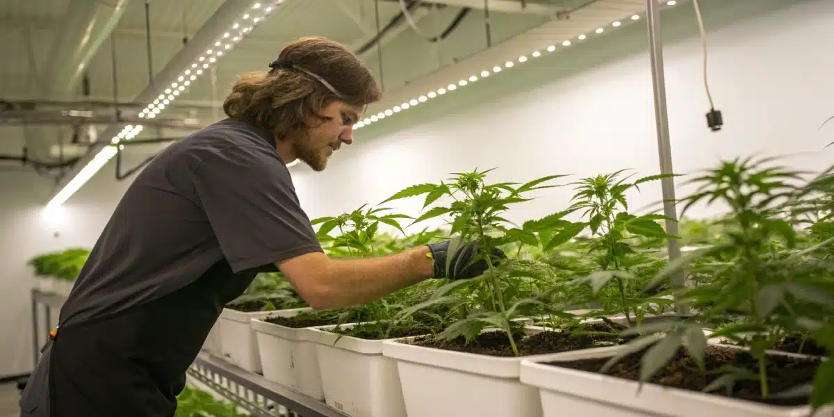 A dynamic photo of a grower performing low-stress training on Narkosis plants in a controlled environment.