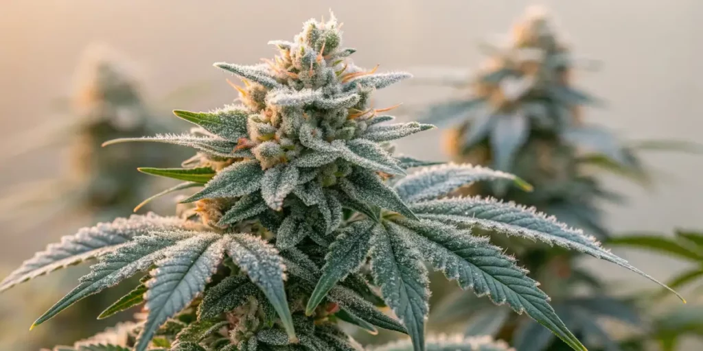 OG Glue cannabis plant with frosty buds and vibrant leaves growing in a field during sunset