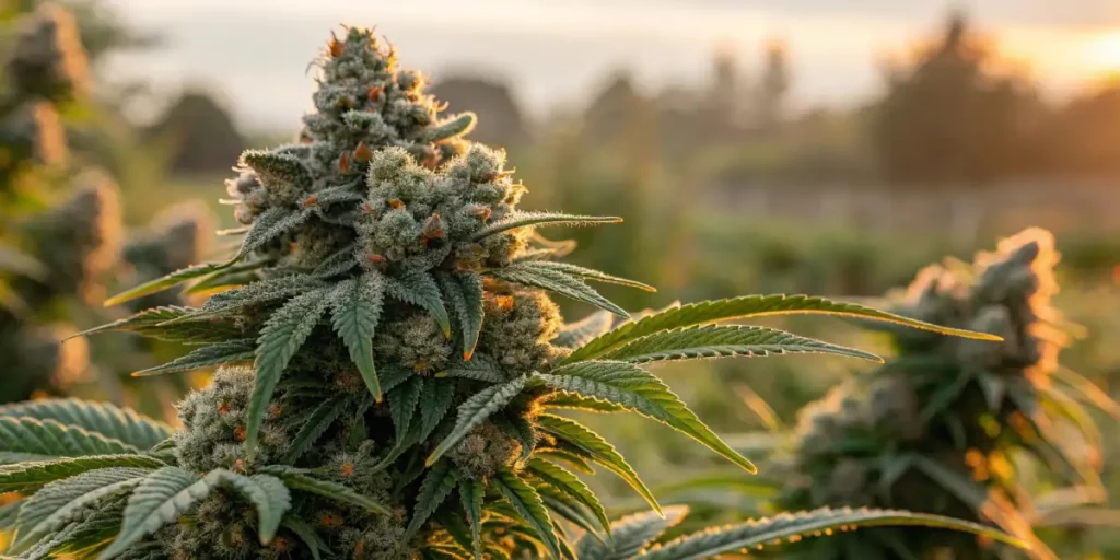 Close-up of OG Glue cannabis buds covered in resin and surrounded by dark green leaves.