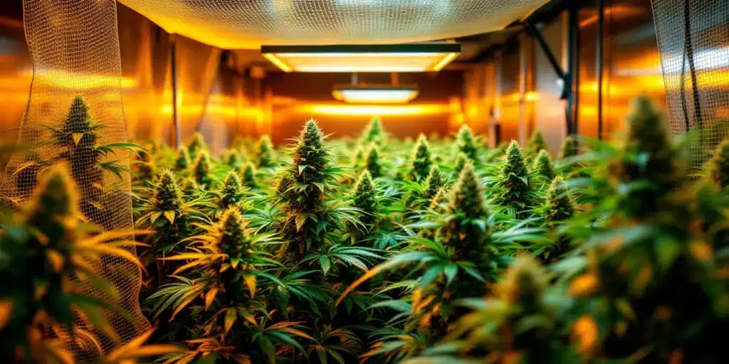 Cannabis plants flourishing under optimal indoor grow lights and care setup.