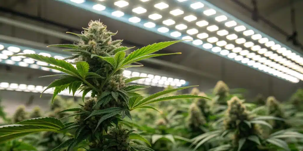 A macro shot of vibrant Original Clon buds with visible trichomes under high-quality LED lighting in a modern indoor grow room.