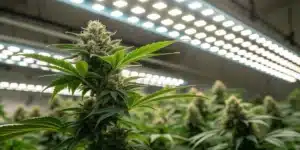 A macro shot of vibrant Original Clon buds with visible trichomes under high-quality LED lighting in a modern indoor grow room.