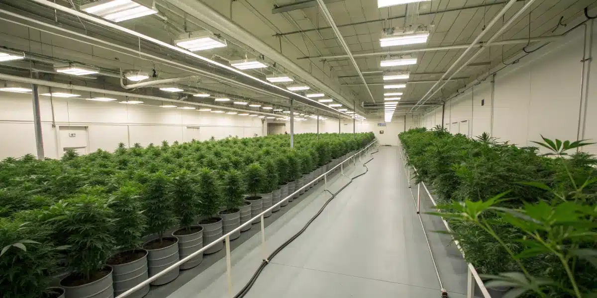 A wide-angle view of an organized indoor cultivation space featuring rows of Original Clon plants, professional lighting, and efficient ventilation.
