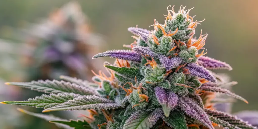 Purple cannabis bud with frosty trichomes and orange pistils against a green backdrop.