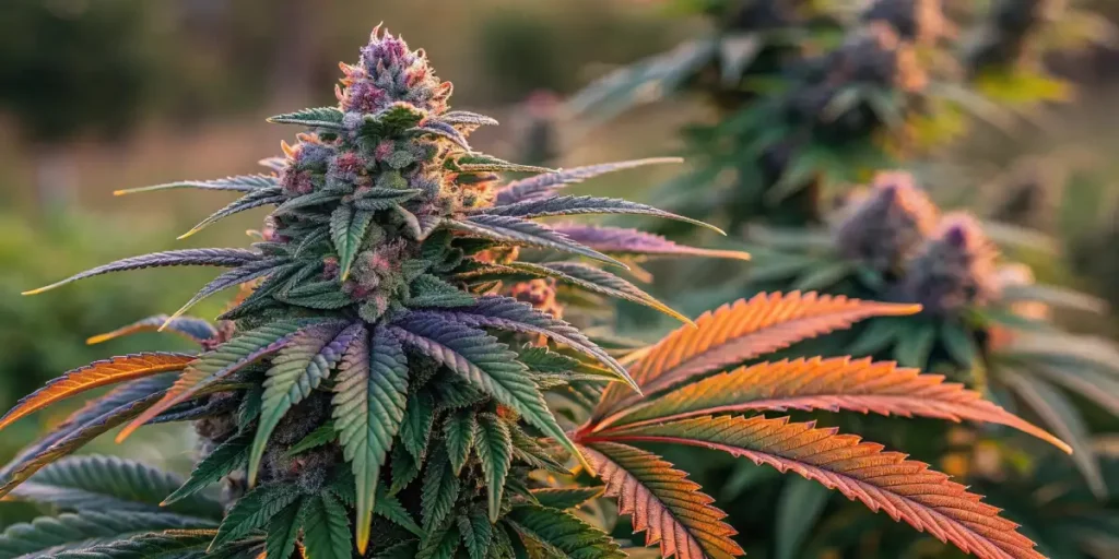 Purple cannabis bud with frosty trichomes and vibrant orange pistils under natural lighting.