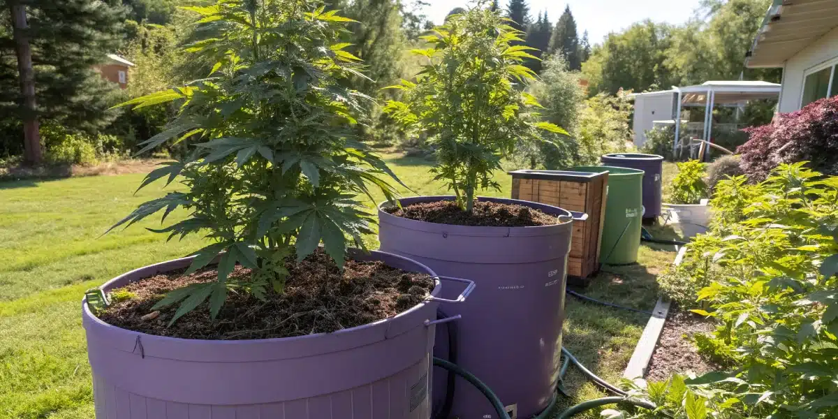 Outdoor garden with Purple Zkittlez Lemon Bean plants in large containers under bright sunlight and organic, well-draining soil.