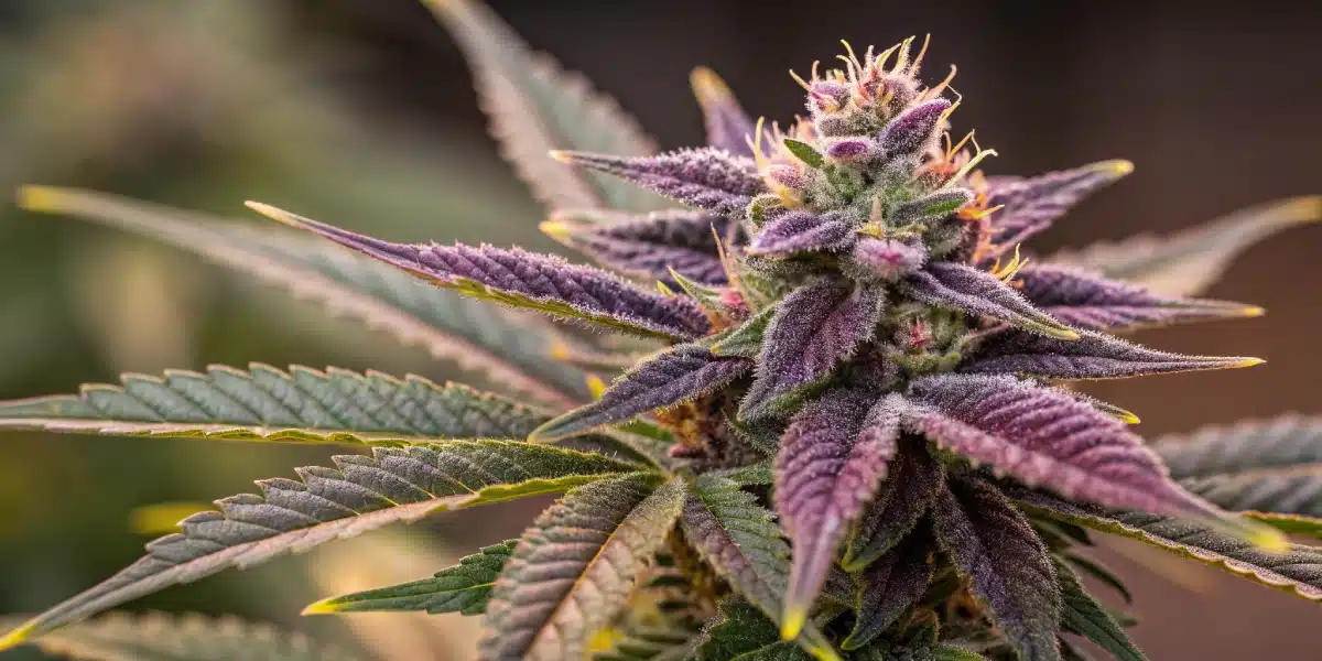 Macro shot of a mature Purple Zkittlez Lemon Bean bud displaying dense trichomes and distinctive purple hues for detailed analysis.