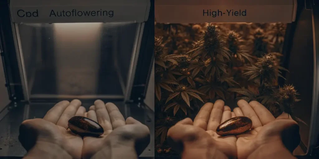 Gloved hands holding three dark seeds with "CBD," "Autoflowering," and "High-Yield" text, beside a large indoor grow room filled with vibrant plants under bright lights.