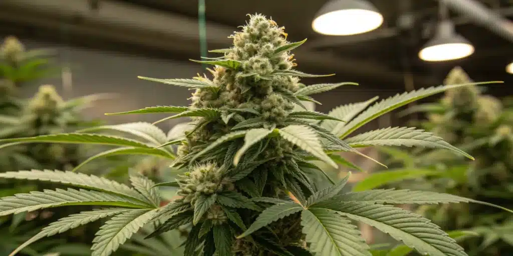 Wombat strain cannabis plant with thick, trichome-covered buds, grown indoors under optimal lighting conditions.