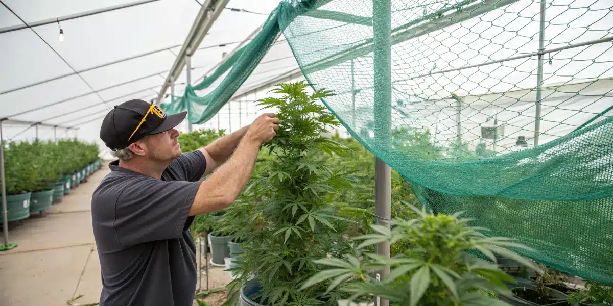 SCROG training technique applied to a Wombat strain cannabis plant, promoting balanced growth and higher yields in an indoor grow tent.