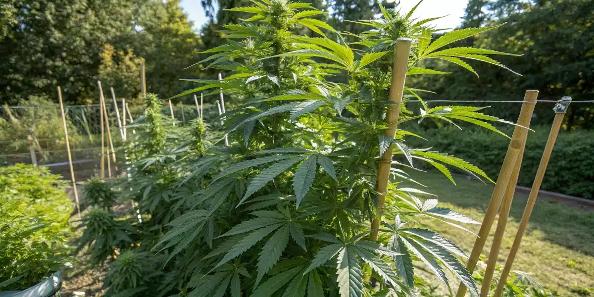 Outdoor Wombat strain cannabis plant basking in sunlight, with large fan leaves and sturdy support stakes ensuring optimal development.
