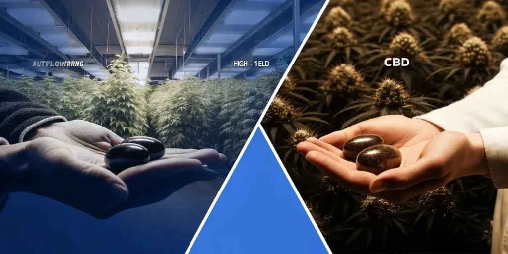 Hands holding seeds labeled "CBD" and "Autoflowering High-Yield" against a background of lush plants under warm grow lights, divided by a triangular graphic.