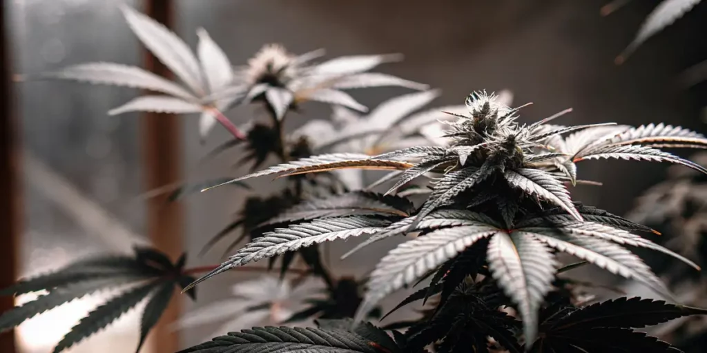 Black Runtz strain cannabis plant with dark green leaves and dense buds under soft natural light.