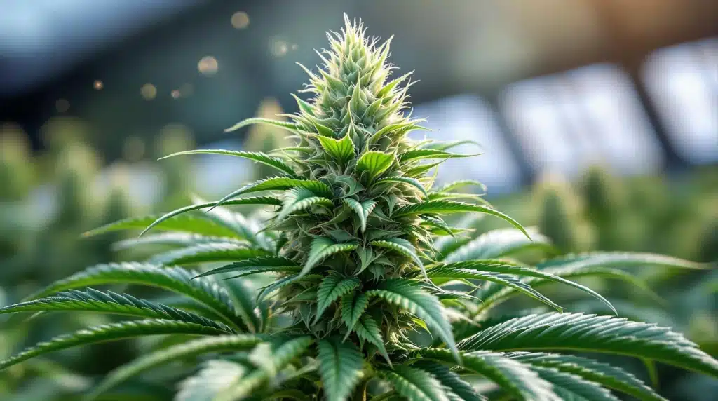 A cannabis bud with fine details, backlit by sunlight in a controlled greenhouse setting.