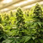 Dense cannabis plants with vibrant green leaves and large buds inside a sunlit greenhouse.