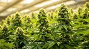 Dense cannabis plants with vibrant green leaves and large buds inside a sunlit greenhouse.