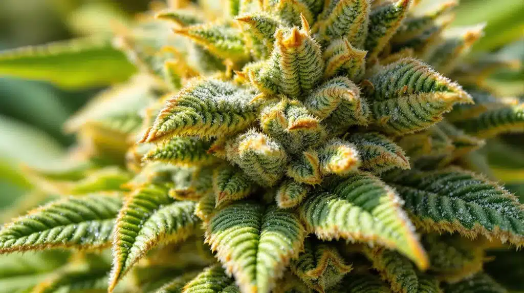 Close-up of a cannabis flower with frosty trichomes and vibrant green leaves.