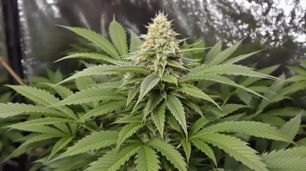 A robust cannabis plant with a large central cola surrounded by lush green leaves in an indoor grow space.