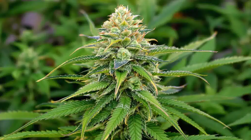 Close-up of a mature cannabis bud with glistening trichomes, orange pistils, and vibrant green leaves.