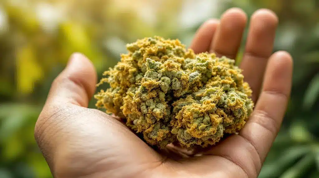 Hand holding dense cannabis buds covered with bright trichomes and orange hairs.