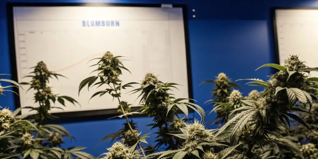 Cannabis plants with thick buds in a research lab with a Blimburn graph in the background