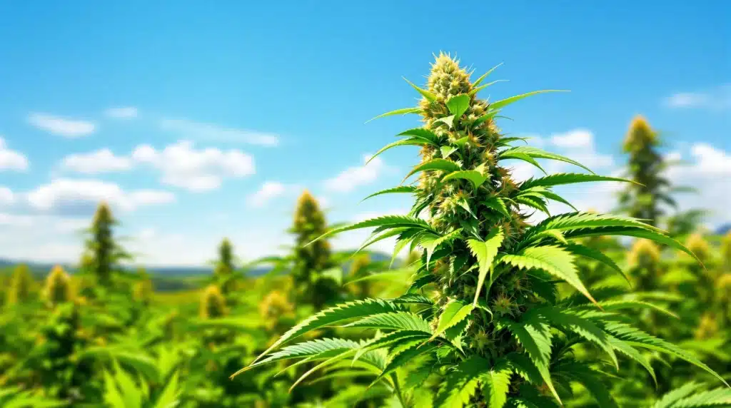 Bright cannabis plant growing in a green field under a sunny blue sky.