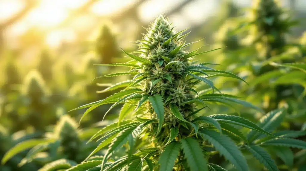 Close-up of a single cannabis bud surrounded by vibrant green leaves under warm sunlight.