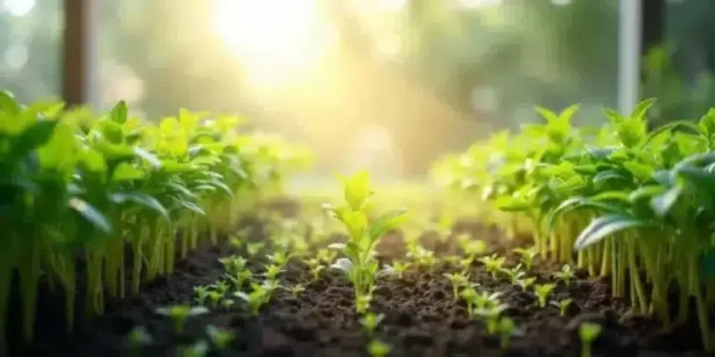 Cannabis seedlings growing in rows under sunlight inside a greenhouse