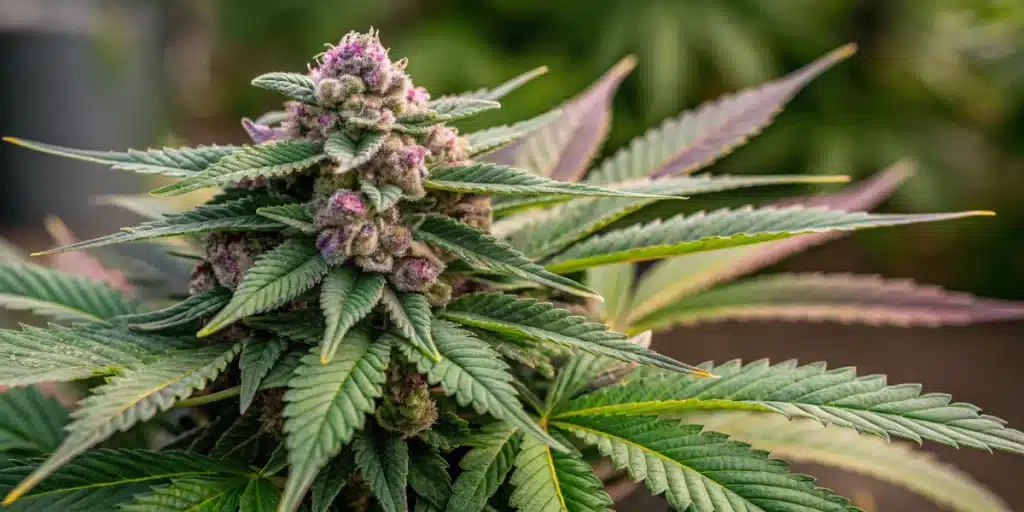 Fully bloomed Alien Cookies x Kush Mints cannabis plant showcasing dense, resinous buds with vibrant green and purple colors.