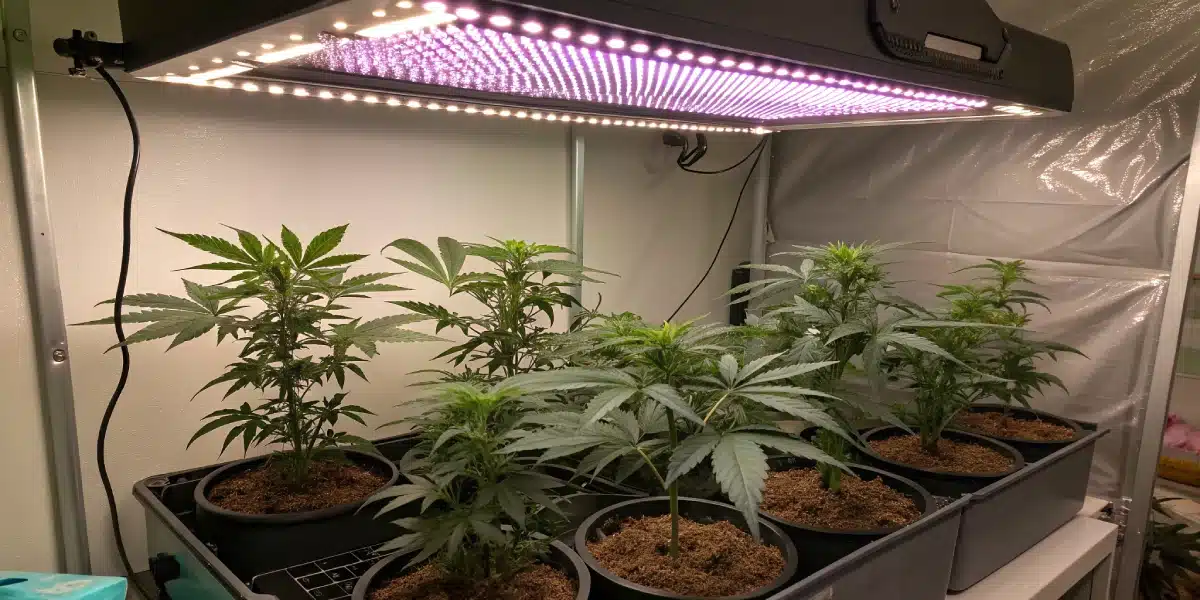 Indoor cultivation of Alien Cookies x Kush Mints strain with proper spacing and LED lighting for optimal plant health.