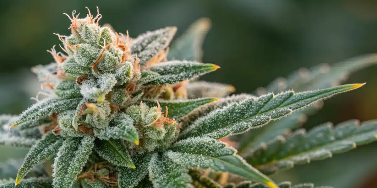 Macro image of Alien Cookies x Kush Mints buds covered in frosty trichomes, indicating high potency and premium quality.