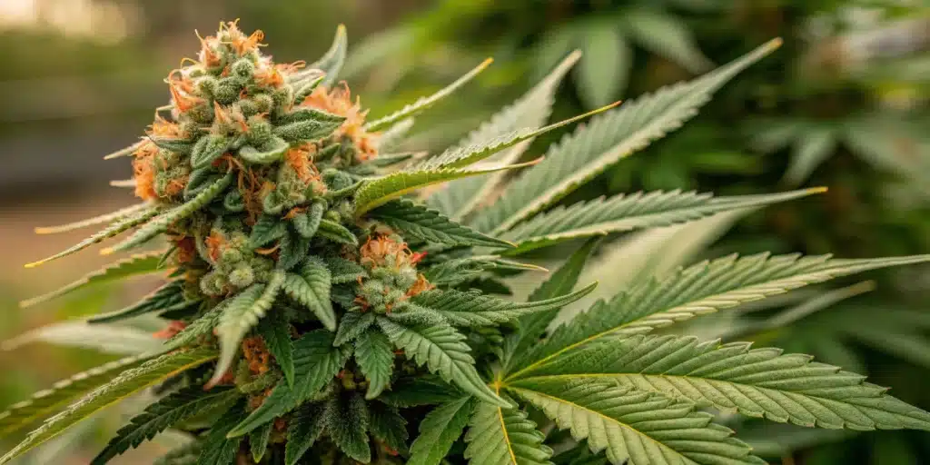 Fully bloomed Amnesia Hypro cannabis plant showcasing dense, trichome-rich buds with vibrant green and orange colors.