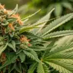 Fully bloomed Amnesia Hypro cannabis plant showcasing dense, trichome-rich buds with vibrant green and orange colors.