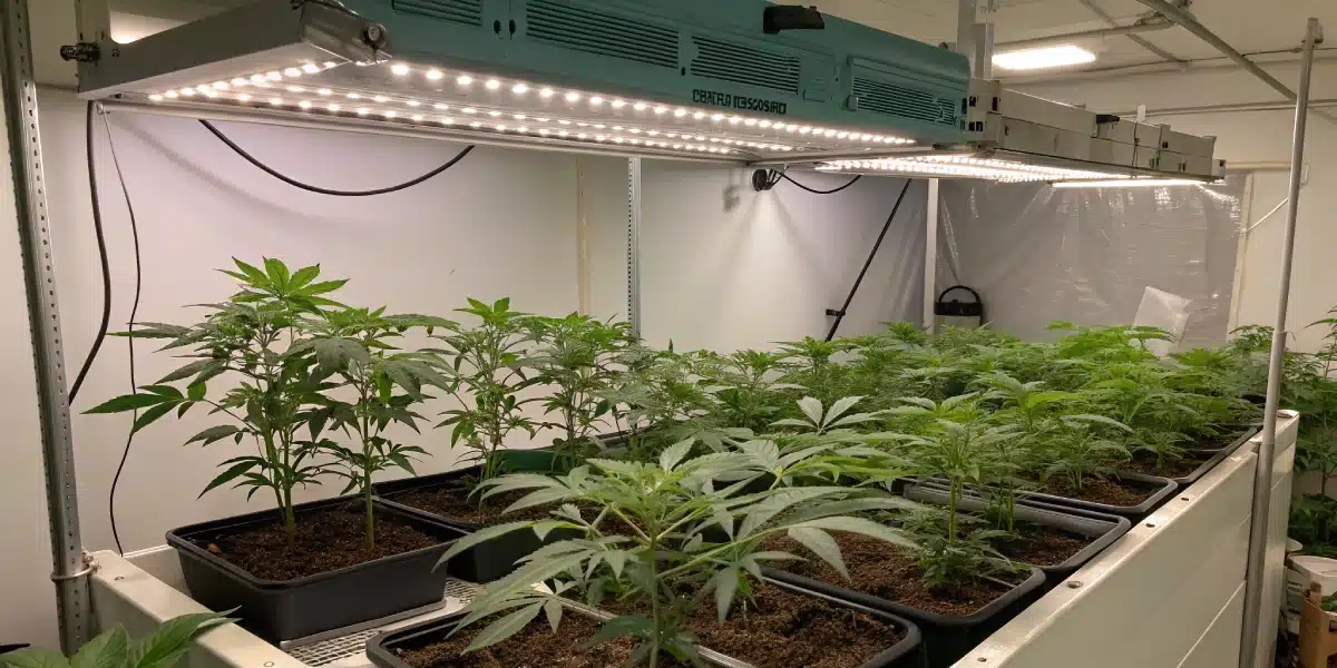 Indoor cultivation of Amnesia Hypro strain with proper plant spacing and LED lighting, ensuring optimal growth conditions.