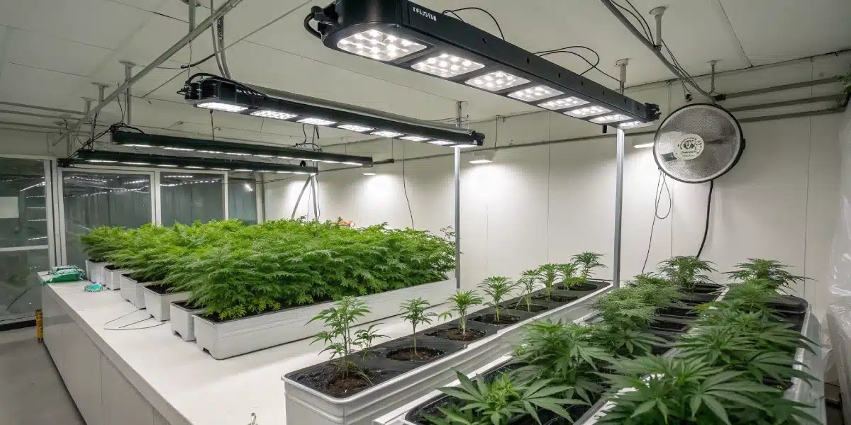 Indoor grow room with Apple Fritter Auto plants under LED lighting and a controlled environment.