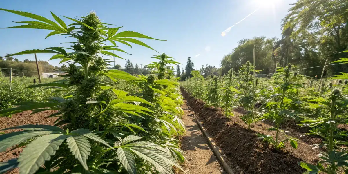 Outdoor garden with rows of Apple Fritter Auto plants flourishing under natural sunlight.