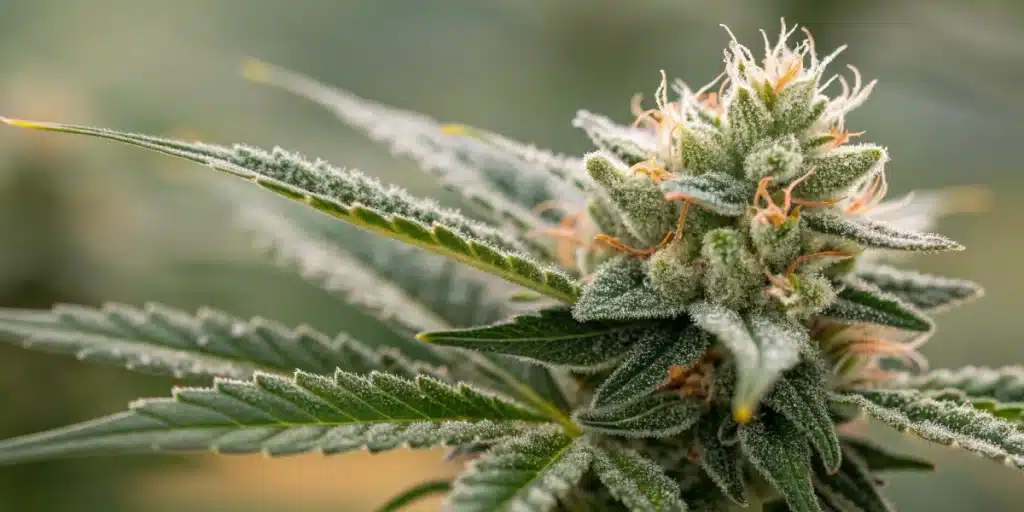 Macro close-up of an Apple Fritter bud displaying glistening trichomes and vibrant pistils.