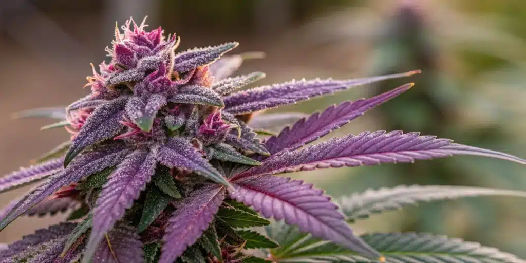 Detailed close-up of an Auto Purple Gorilla bud with vivid purple tones and sparkling trichomes.