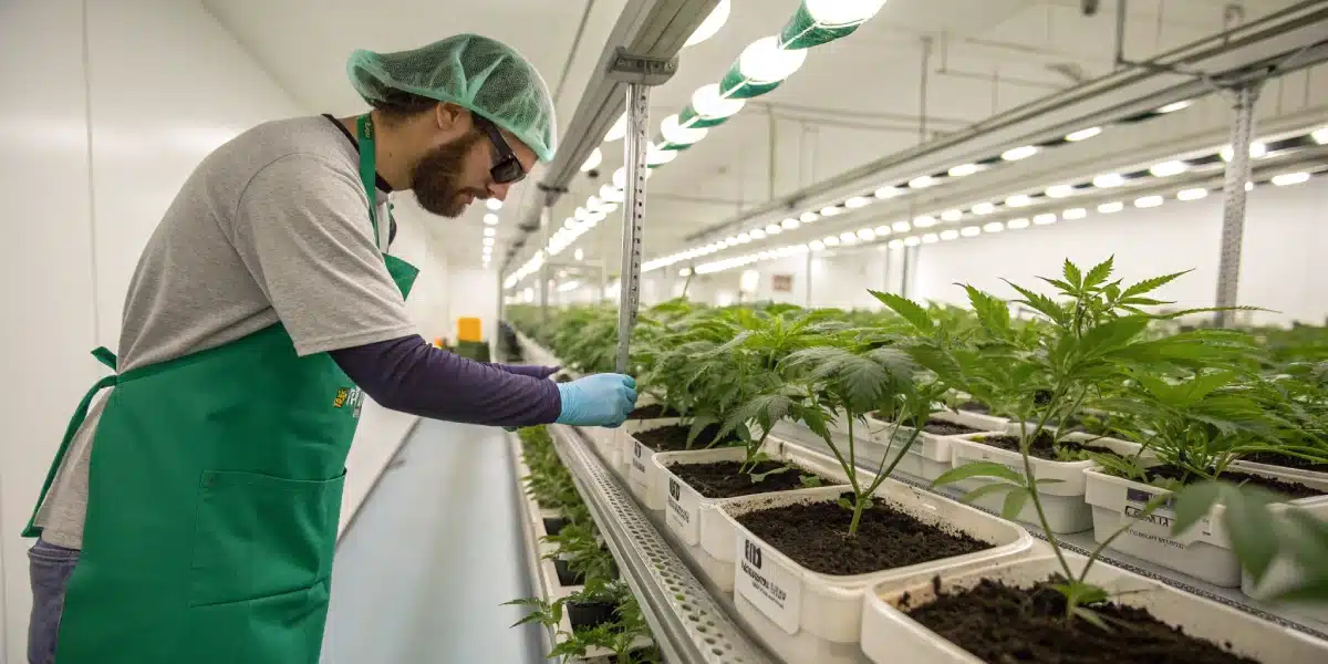 Grower measuring young cannabis plants in a professional indoor facility