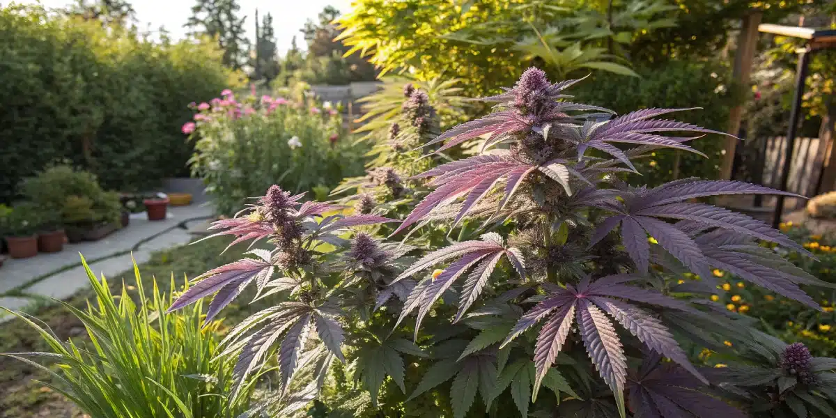 Auto Purple Gorilla cannabis thriving outdoors under natural sunlight with striking purple hues.
