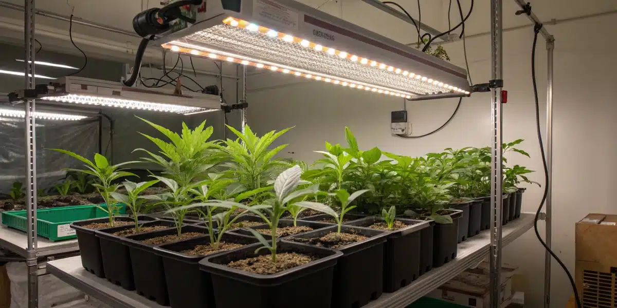 Indoor cultivation of Banana Zkittlez strain with proper spacing and LED lighting for optimal plant health.